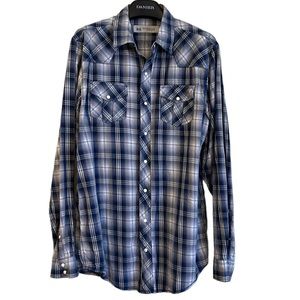 WindRiver Mens plaid shirt large tall pearl snap‎ front blues